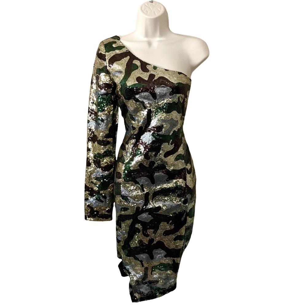 Guess X Empire Sexy Green Camo Army Sequin One Shoulder Y2K Bodycon Dress Large